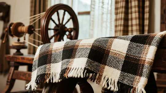 复古织布机与格子布料