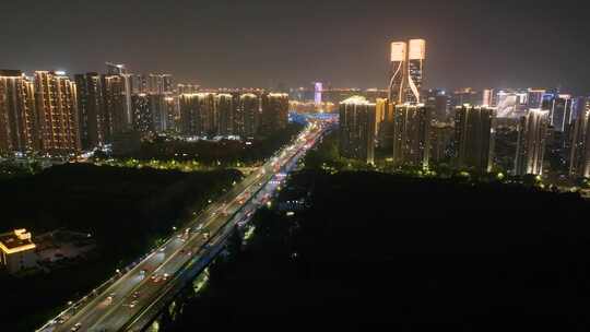 杭州钱塘江西兴大桥夜晚夜景航拍车流交通城