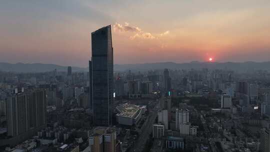 云南昆明市恒隆广场城市高楼天际线航拍风光