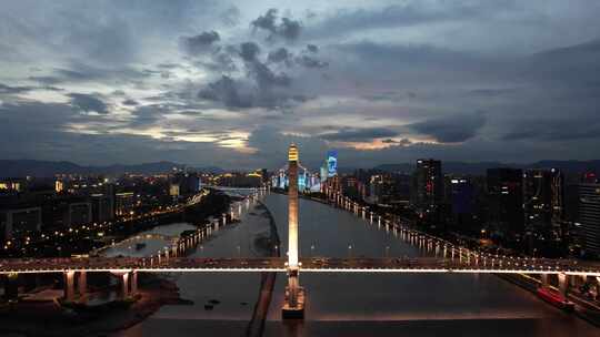 福建福州晚霞夜幕降临闽江大桥夜景灯光航拍视频素材模板下载