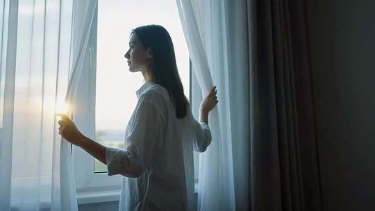 女子室内拉开窗帘迎阳光