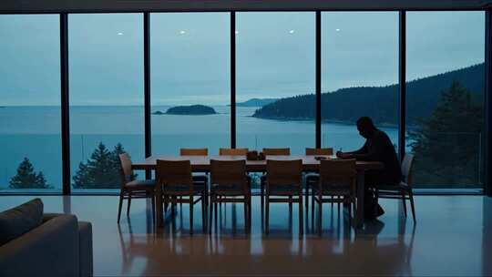 男子于海景房窗边桌前独坐