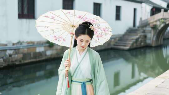 江南水乡持伞古装女子