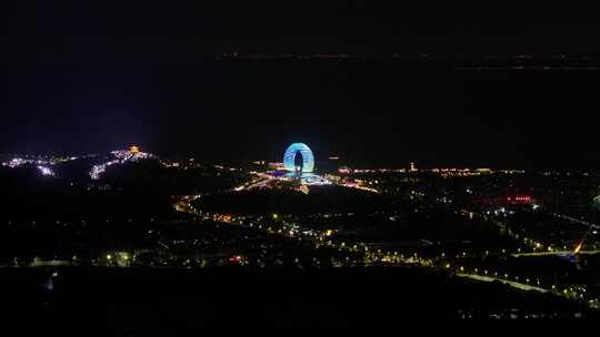 航拍湖州建筑桥梁双子塔喜来登夜景体育馆