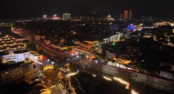 龙岩长汀古城城门夜景4K航拍高清在线视频素材下载