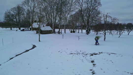 一家人把圣诞树带到他们的房子里，土地被雪