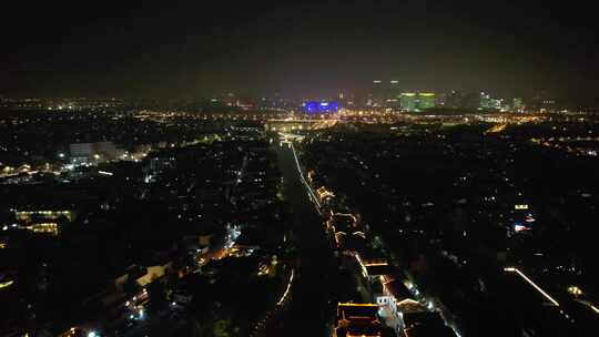 江苏苏州山塘街夜景灯光航拍