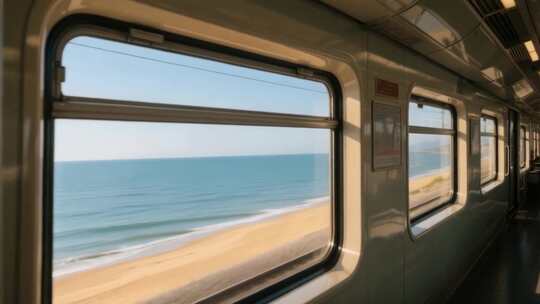 火车车厢内海景视角