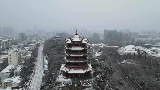 武汉武昌区黄鹤楼雪景航拍