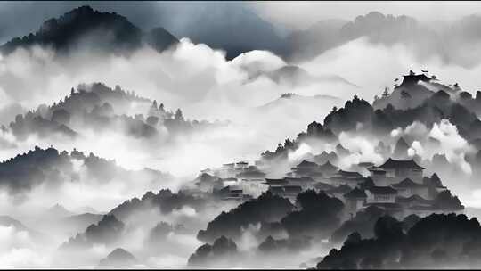 中国风的山水画国画动画山脉