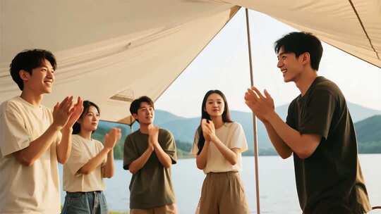 年轻人户外露营鼓掌场景