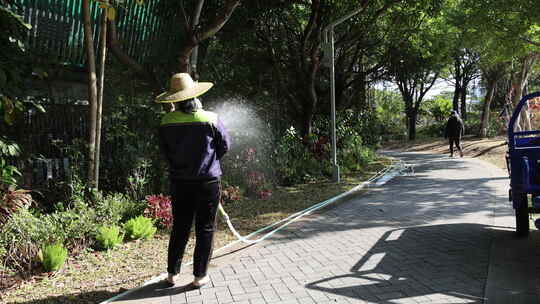 公园内工人用水管给绿植浇水