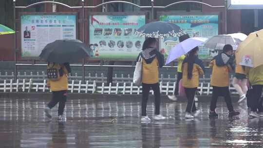 秋雨中戴口罩打雨伞进入学校的小学生