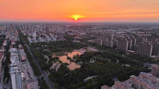 山东省淄博市高青县芦湖公园城市傍晚航拍