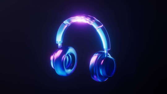 头戴式耳机与霓虹灯光效果循环动画3D渲染