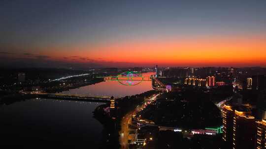 上饶晚霞中的夜景灯光航拍