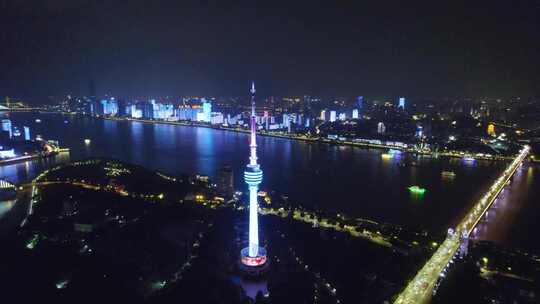 湖北省武汉市汉阳区龟山电视塔夜景航拍4k