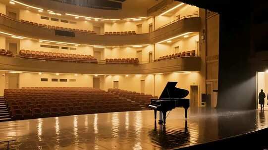 音乐厅舞台上的黑色钢琴