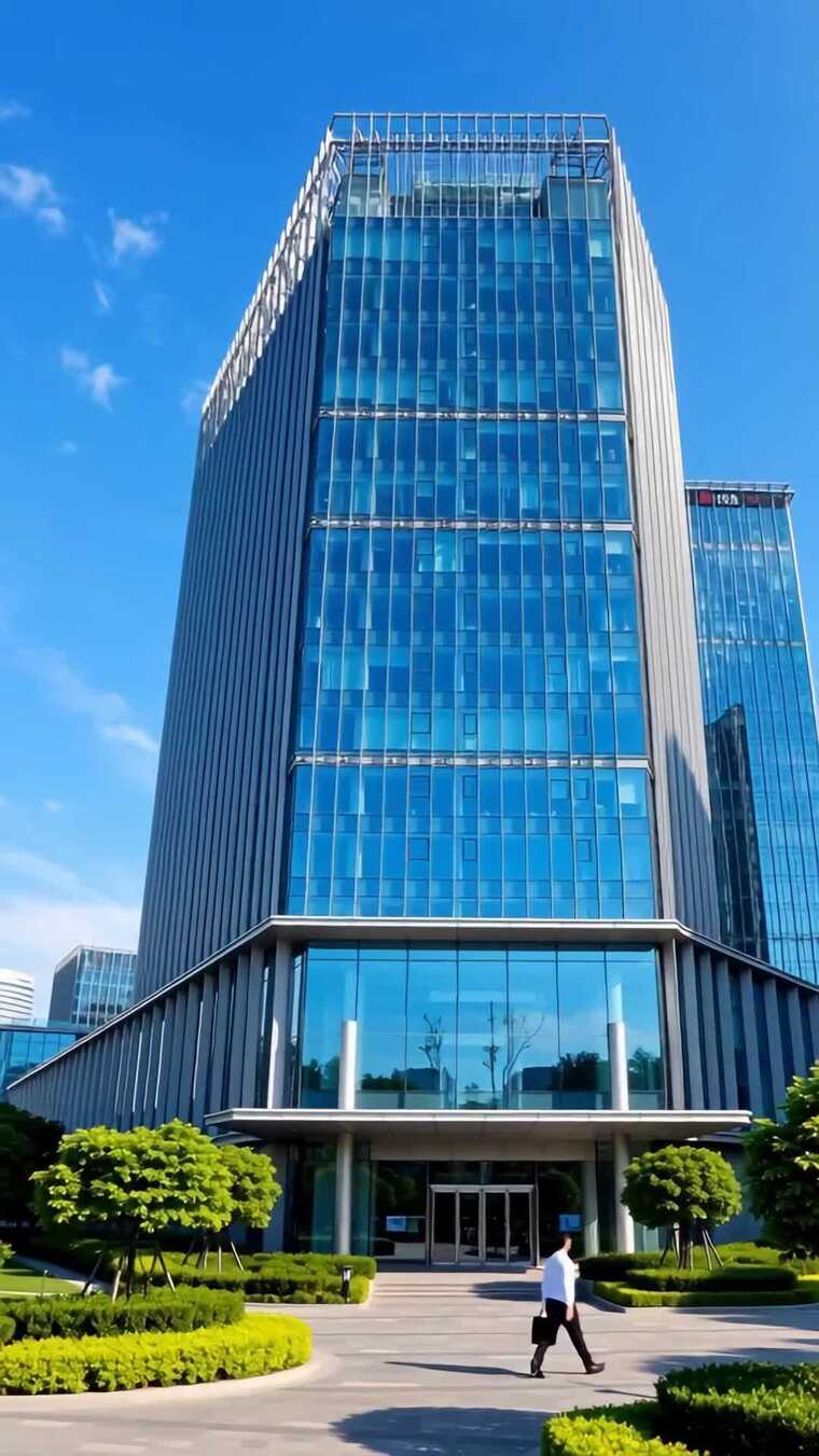 商务人士走过现代玻璃办公楼