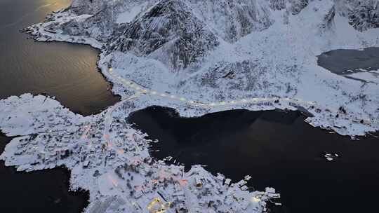 挪威罗弗敦群岛北极圈雷纳冬季雪景高空航拍