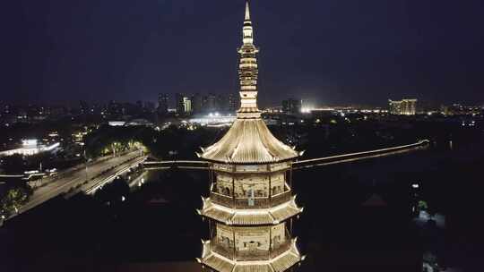 航拍平湖报本禅寺报本塔夜景风光