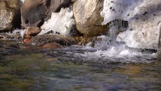 溪边覆雪岩石流水景象