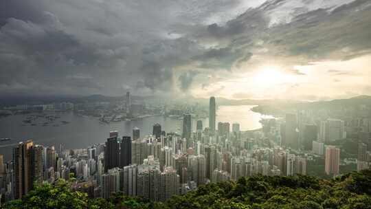 香港维多利亚港CBD中环日出高空延时