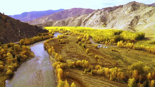 新疆秋景喀纳斯禾木河流航拍
