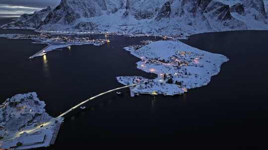 挪威罗弗敦群岛北极圈雷纳冬季雪景高空航拍