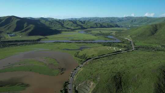 四川阿坝红原大草原白河航拍自然风光