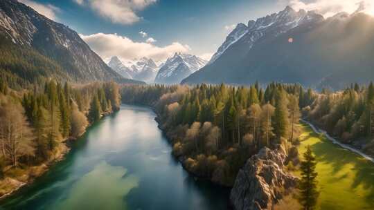 山间河流森林自然风光