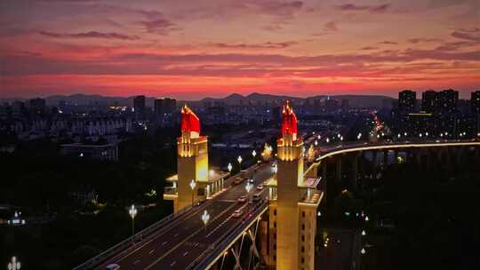 南京长江大桥晚霞夜景航拍风光