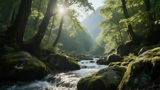 春分节气 森林溪流阳光自然风光素材