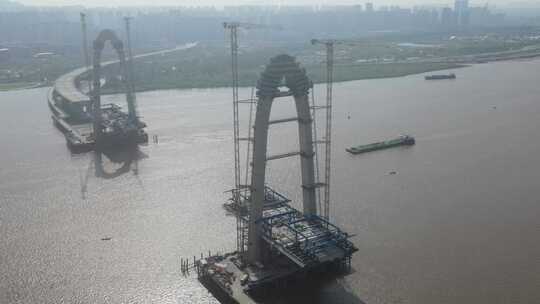 航拍长沙兴联路大桥正在如火如荼地施工建设