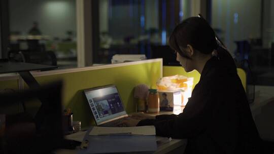 办公室加班熬夜通宵工作下班的女人