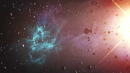 在深蓝色空间飞行的小行星和太阳耀斑。