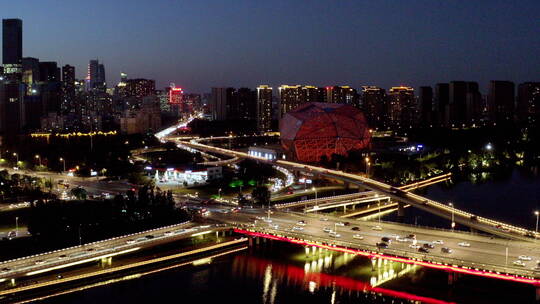 沈阳浑河桥城市中心夜晚风光航拍4K