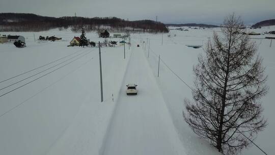 日本北海道雪原公路自驾游风光航拍