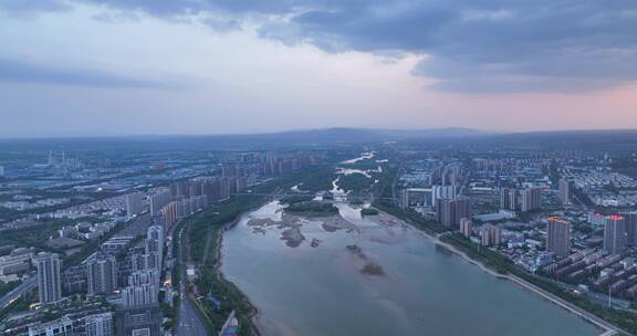 4k城市洛阳河流航拍蓝调时刻城市夜景