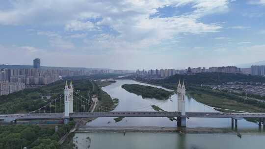 陕西宝鸡渭河联盟大桥地标建筑航拍