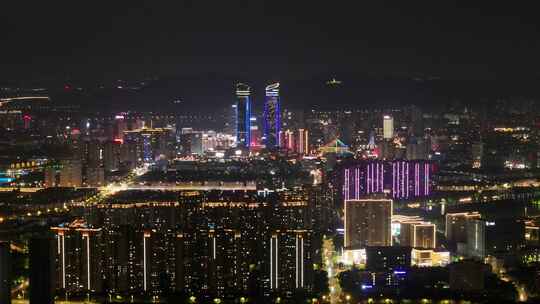 航拍湖州建筑桥梁双子塔喜来登夜景体育馆