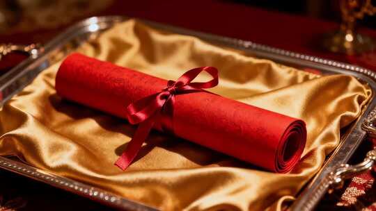 金盘上的红绸带卷轴素材