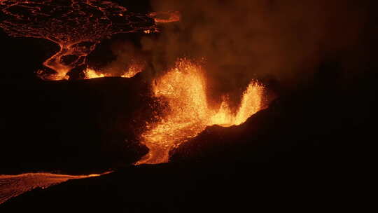 火山岩浆从地核冒出，冰岛的夜晚，鸟瞰