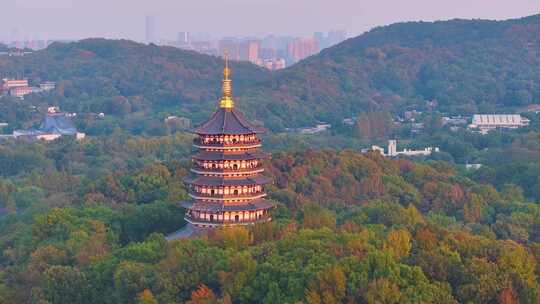 唯美杭州西湖雷峰塔景区大自然风光群山航拍