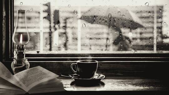 冒着热气的咖啡余窗外的雨