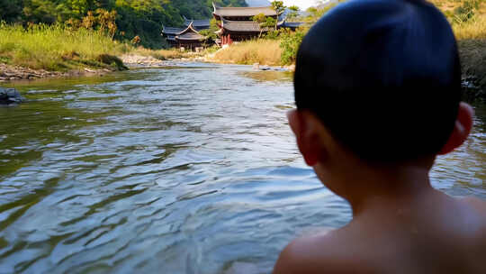 夏天小孩河边洗澡玩水