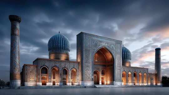 夜幕下的中亚古建筑群充满神秘色彩