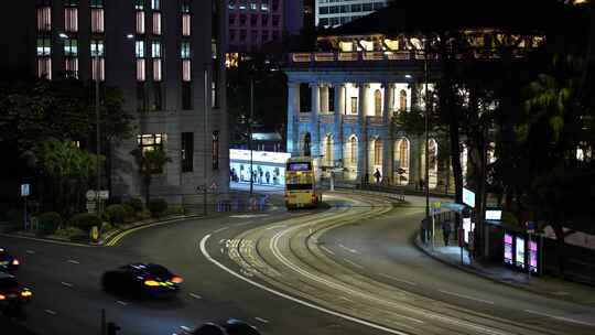 香港城市道路夜晚繁忙交通车流路况汽车行驶