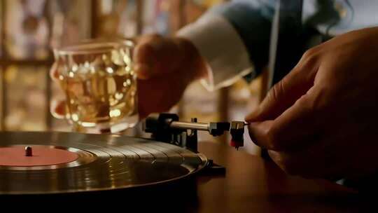 人操作唱片机并手持酒杯