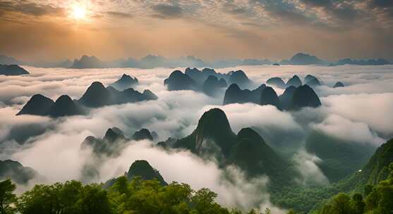 桂林山水合集山峰云海群山云雾缭绕自然风景